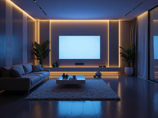 智能家居场景，现代化客厅，智能设备控制面板，温暖灯光，现代简约装修风格