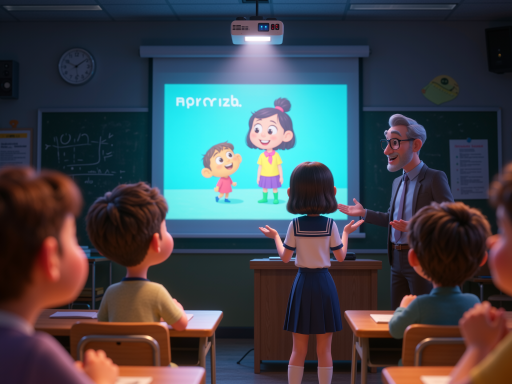 教育场景，学生使用平板电脑学习，教师在智能黑板前讲解，教室明亮温馨