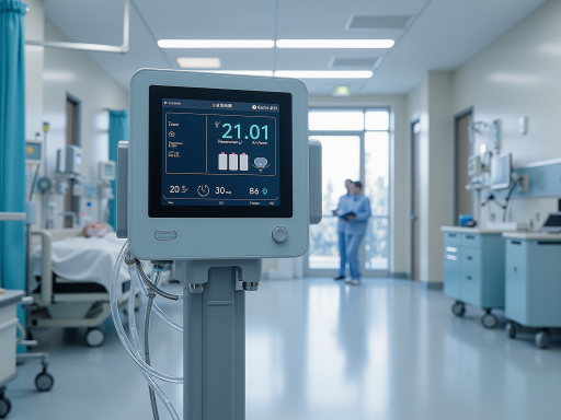 医疗健康场景，医生查看智能诊断系统，患者在医院环境中，现代医疗设备